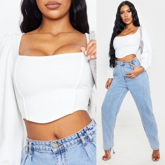 NWT PrettyLittleThing White Binding Balloon Sleeve Crop Top 🤍 Size 6 - Picture 2 of 15